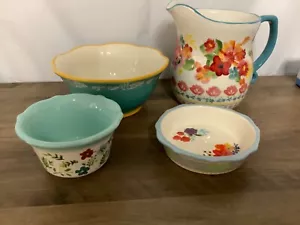 Pioneer Woman Stoneware Set Measuring Pitcher, Mini Pie Dish, Ramekin & Bowl - Picture 1 of 19