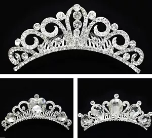 Wedding Birthday Girl Hair Accessory Princess Crown Silver Rhinestone Comb /USA - Picture 1 of 8