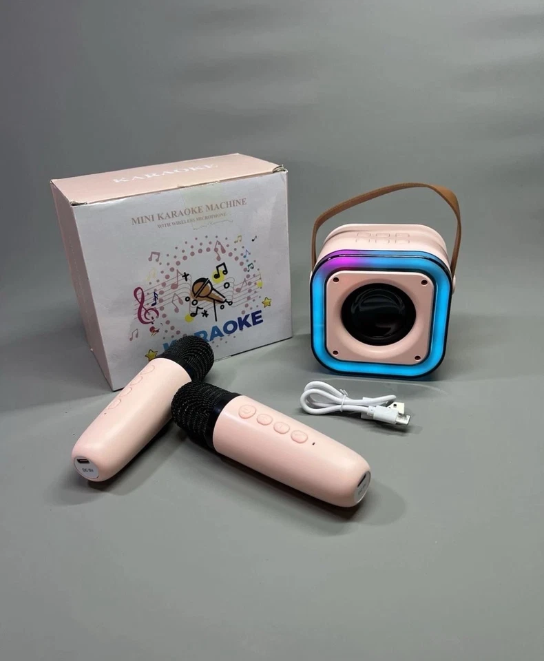 Portable Mini Karaoke Machine Loud 2 Wireless Microphones Bluetooth LED Lights - Image 1 of 4
