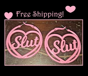 PINK "Slut" Earrings Hoops Barbie Glam Jewelry Womens Fashion Accessory - Picture 1 of 3