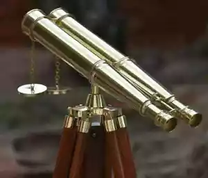 Antico telescopio binoculare in ottone nautico con supporto treppiede da pavimento regalo marino - Foto 1 di 5
