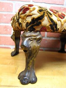 Antique Lions Head Cast Iron Foot Stool Rest Stand Small Bench Step Fabric Top
