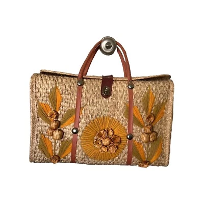 Woven Straw and Palm Tan / Orange Starburst Tote Bag 1970’s Vintage - Image 1 of 4