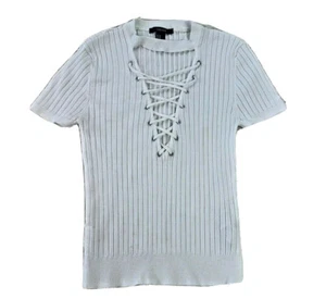 Forever 21 Womens Sz M Cropped Ribbed Short Sleeve Laced Accent Top Blouse White - Picture 1 of 6