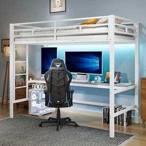 Hochbett Eisenbett 90x200cm Jugendbett Kinderbett mit Groß Schreibtisch Weiß - Bild 1 von 11