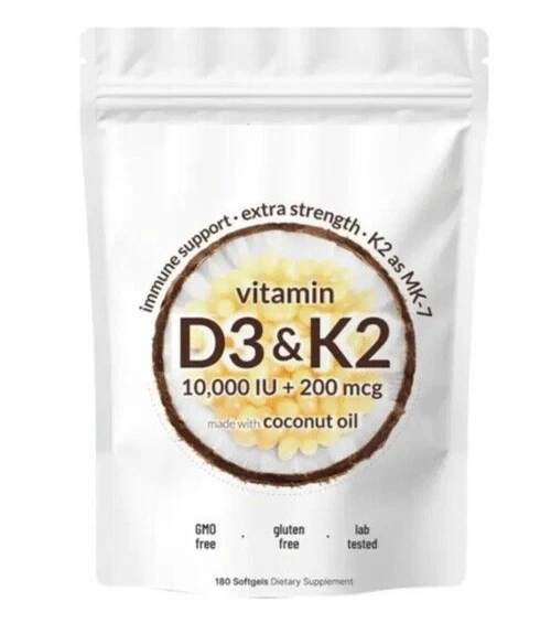 Vitamina D3 10.000 UI Vitamina K2 200 mcg MK-7 Meenaquinanona 200 mcg Aceite de coco Foto 1 de 2