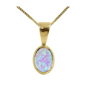 9ct Oro Amarillo Intenso Cabujón Ópalo Ovalado Simple Cadena y Colgante Hecho En - Imagen 1 de 4