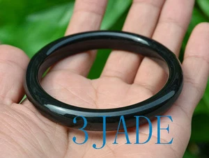 53mm - 61mm Natural Black Nephrite Jade Flat Bangle Bracelet Certified Jade - Picture 1 of 8