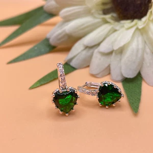 WHITE GOLD FINISH Green Emerald Heart Cut Created Diamond Dangle Earrings - Picture 1 of 6