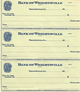 BANK OF WRIGHTSVILLE, GA - 3 ASSEGNI INUTILIZZATI DEGLI ANNI '50 - Foto 1 di 1