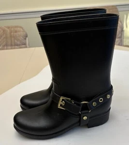 Women's Rubber Road Warrior Rain Boots Gold Studs Buckle Black Moto Biker Boot 7 - Picture 1 of 4