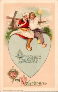 Postal vintage de los amantes de San Valentín corazón novios conocer molinos de viento barcos rugido - Imagen 1 de 2