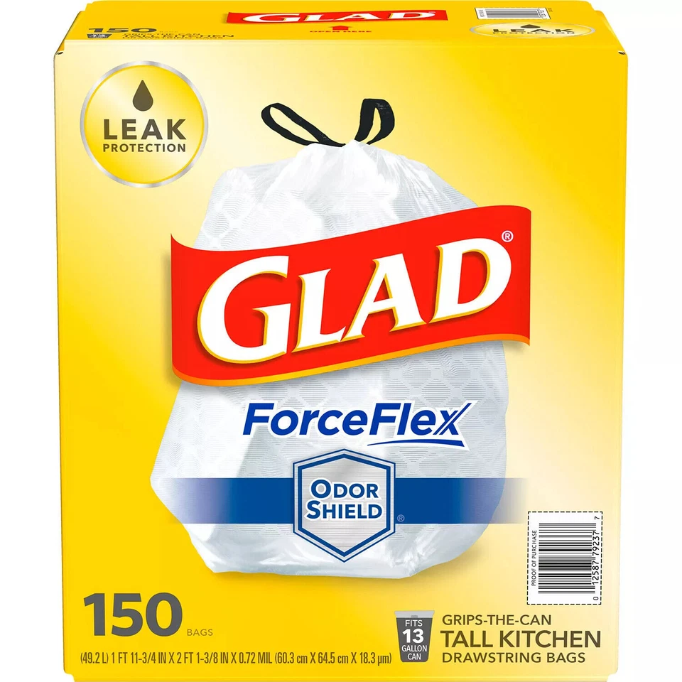 Glad ForceFlex Tall Kitchen 13 Gallon Drawstring Trash Bags with Odorshield - 150 Ct.