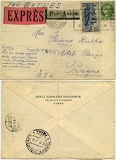 FRANCE to CZECH 1939 WW2 EXPRESS DELIVERY AIRMAIL HOTEL NAPOLEON BONAPARTE ENV