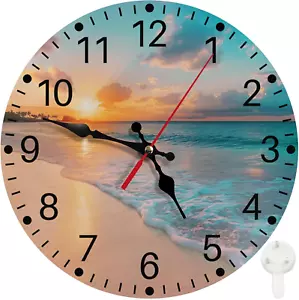 round Wall Clock Non-Ticking Silent Battery Operated Clock 10 Inch, Sea Beach Bl - Picture 1 of 12