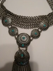 DECO STATEMENT STYLE NECKLACE SILVER COLOR MESH CHAIN TASSEL TERQIOUSE COLOR - Picture 1 of 5