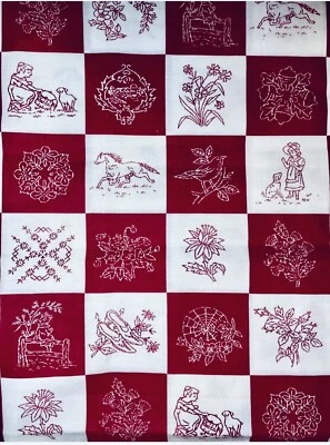 VTG Marcus Bros. Red work White Work  Cheater Quilt Red & White Check BTFQ - Image 1 of 4