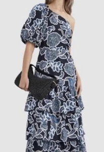 FRENCH CONNECTION One Shoulder Tiered Midi Dress Blue & White Paisley Size 10 - Picture 1 of 9