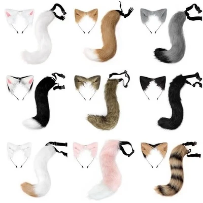 Faux Fur Fox Wolf Ears Headband Furry Long Tail Anime Cosplay Halloween Costume - Image 1 of 4