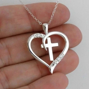 Rundschliff weißer Moissanit Kreuz Herz Anhänger 14K Weißgold vergoldet Silber - Bild 1 von 8