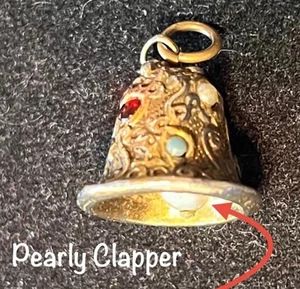 Vintage 1960s Rhinestone Bell w Pearly Clapper & Antiquing for Charm Bracelet - Picture 1 of 4