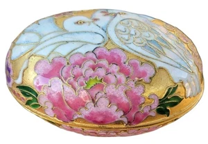 Vtg Love Birds Floral Oval Shaped Enamel Cloisonne Trinket Box - Picture 1 of 6