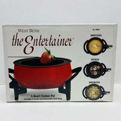 Antigo West Bend The Entertainer Vermelho 3 Qt Fondue Pot 8 Garfos 88003 NOVO Selado - Imagem 1 de 4