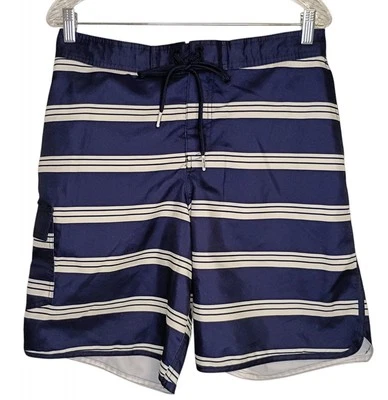 Lands End Swim Trunks Mens Medium Blue White Stripe Lined Hook & Loop Fly Cargo - Image 1 of 4