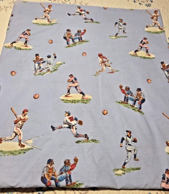 Pottery Barn Baseball Players Queen Flat Sheet Nice Blue Background - Image 1 of 4