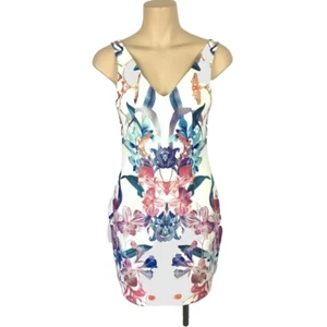 Wish Women's Mini Dress White Floral Summer Size 10 V Neck Lined Sleeveless - Picture 1 of 10