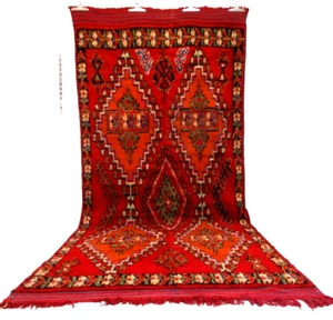 Vintage Rug Handmade Boujaad Red Rug Geometric Moroccan Tribal Wool Pink Carpet - Picture 1 of 24