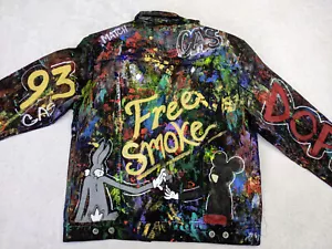 Acrylic Graffiti Splatter Mens M Black Jean Jacket Vtg 90s Hip Hop Smoke Free - Picture 1 of 10