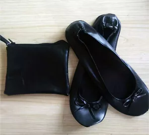 Schwarz Damen Aufrollen Faltbar Flache Pumps after Party Taschen Schuhe - Bild 1 von 1