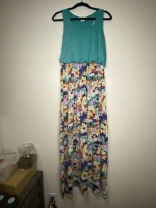 Derek Heart Womens Sz L Long Maxi Dress Racerback Green Stretch Waist Boho - Picture 1 of 6