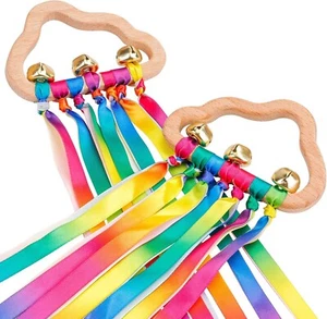 2PCS Sensory Wooden Ring Baby Toys - Babies Rainbow Ribbon Rattle Toy Educatio - Picture 1 of 7