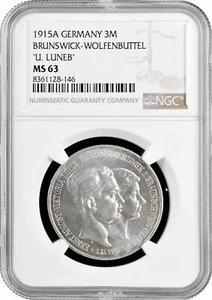 Brunswick-Wolfenbuttel 3 mark 1915, NGC MS63, "Ernst August Wedding & Accession" - Picture 1 of 2