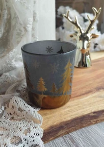 Edles Windlicht Teelicht Weihnachten Winter Schnee Bäume Schwarz / Gold - Bild 1 von 1