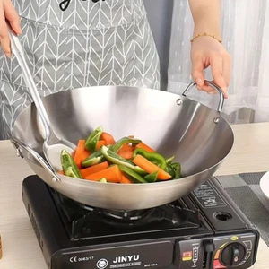 1pz Wok grande in acciaio inox 30/34/38 cm, non rivestito spesso resistente padella da chef - Foto 1 di 13