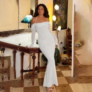 Sexy Vestido de Noche Sirena Paquete Halter Halter a Lunares Hombro Descubierto para Mujer JWK - Imagen 1 de 13