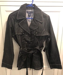 Baccini Women L Denim Jacket Coat Collared Long Sleeve Button Up Dark Wash New - Picture 1 of 7