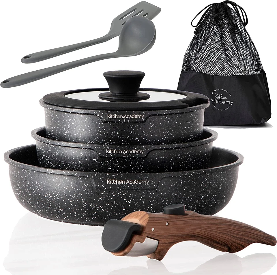 KITCHEN ACADEMY 10 PCS Cookware Set Nonstick Granite Coated Pots and Pans Set w/ Detachable Hand