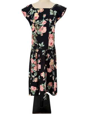 Vtg 80s 90s Ann Taylor Floral Dress Small Drop Waist Square Neck Garden Party  - Image 1 of 4