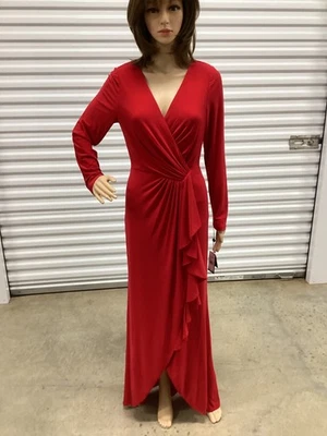 Adrianna Papell Super Red Jersey Draped Long Sleeved Gown Size 8 New - Image 1 of 4