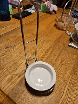 Retired Pampered Chef Spoon Rest #1678 Metal White Round Ceramic Dish - Image 1 of 3