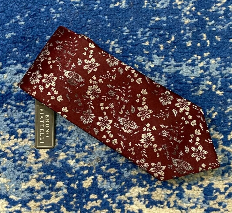NEW Bruno Piatelli Burgundy Gray Silver Floral Handmade Silk Necktie - Image 1 of 4