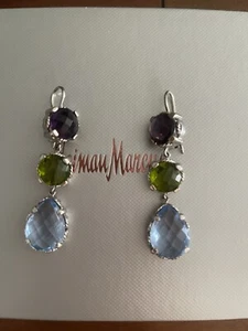 Amethyst, Peridot, and Blue Topaz Sterling Silver Dangle Earrings - Picture 1 of 3