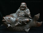14" Old China Buddhism Pure Bronze Ride Fish Happy Laugh Maitreya Buddhas Statue