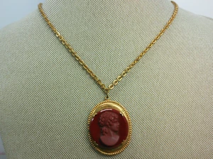 Vtg Antique Carved Carnelian Lady Cameo Locket Gold GP Chain Choker 16" Necklace - Picture 1 of 21