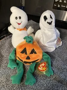 Bundle 3 Holiday Halloween Ty Beanies Babies: Pumpkin, Sheets and Spooky, PVC - Picture 1 of 24