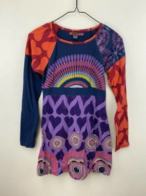 Desigual Girls 13 14 Rainbow Heart Dress Bubble Hem Navy Purple Red Orange - Image 1 of 3
